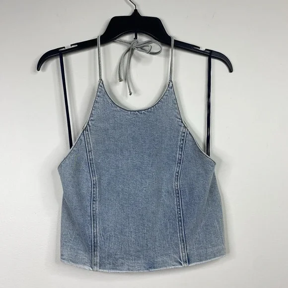 Alice + Olivia Jeans Jaymee Tie Neck Cropped Denim Halter Top Women's Sz 6 - Picture 3 of 12